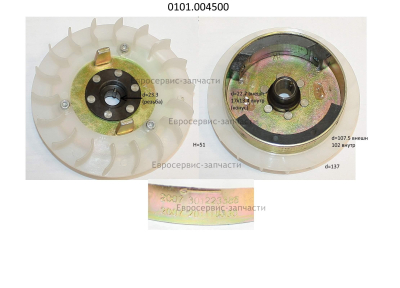 Маховик D107.5, в сборе с крыльчаткой D137. БЭС 950Р