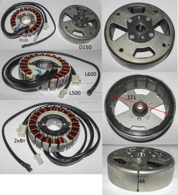 Альтернатор в сборе, 220В, 2кВт, статор D150,L44. БИГ 2000Н.НС